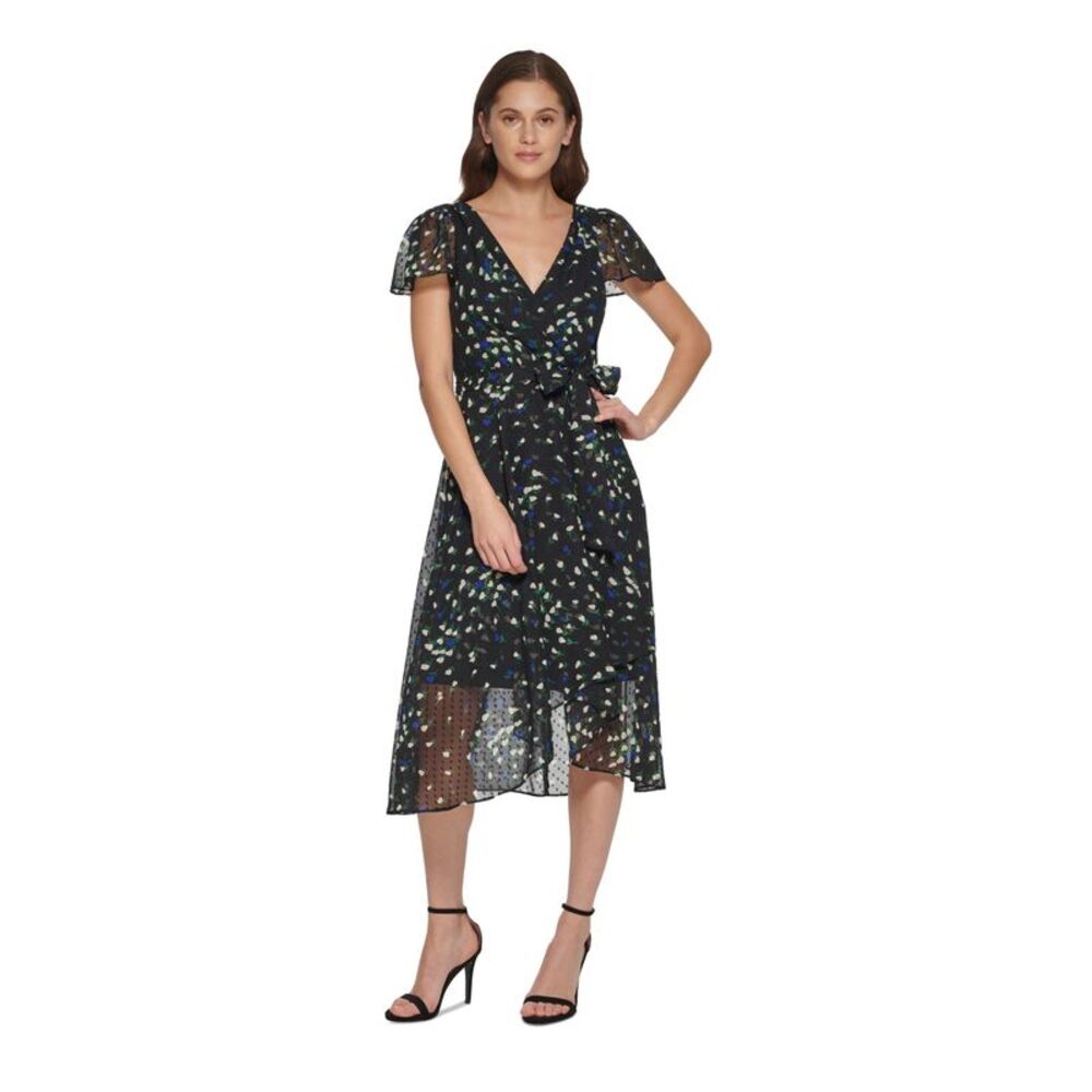 DKNY Womens Black Lined Self-tie Belt Flutter Sleeve Midi Faux Wrap Dress 2